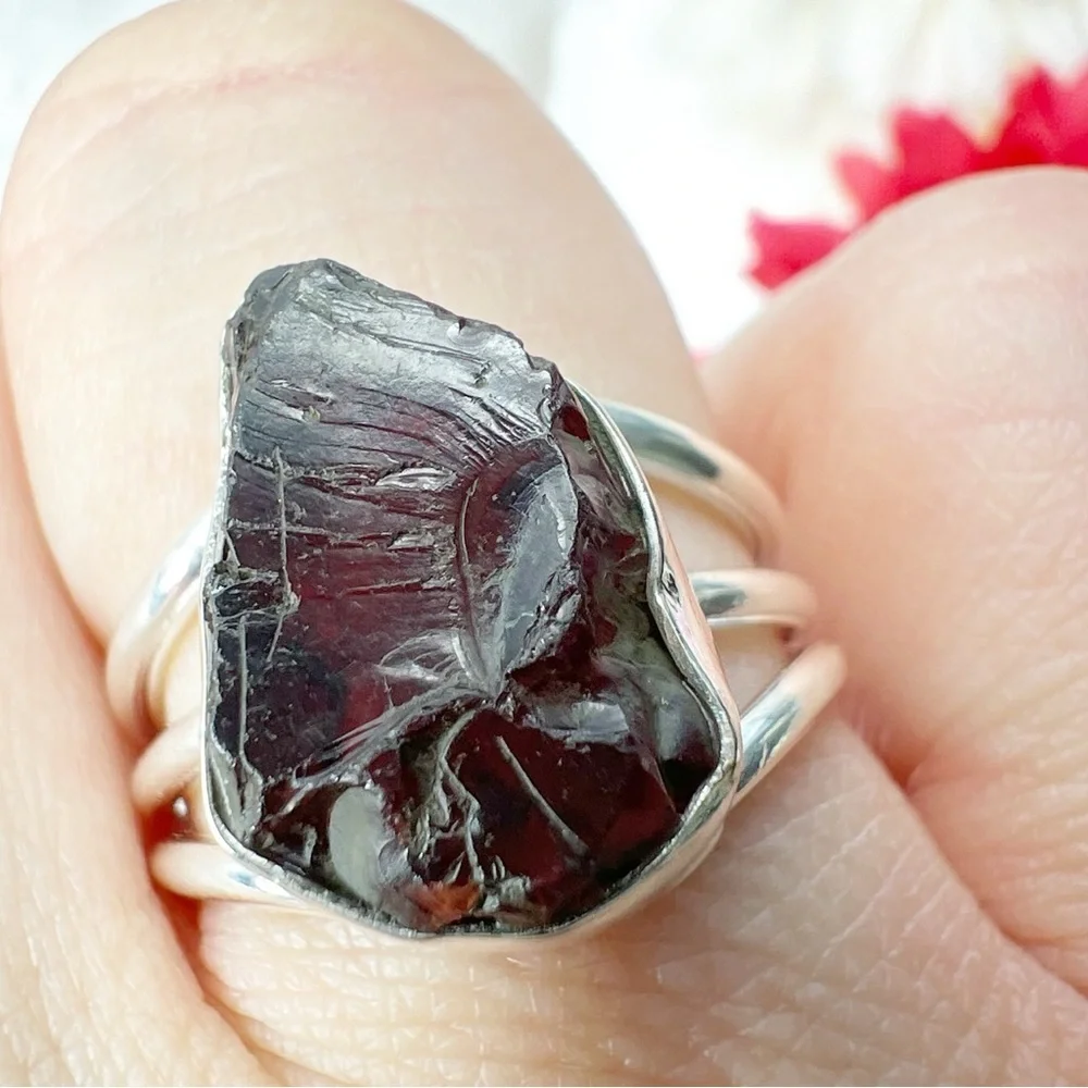 Rough Garnet Ring Size 7 Solid Sterling Silver 925 Chunky Handmade - Picture 2 of 11
